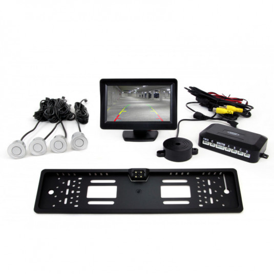 Паркинг асистенти TFT01 4,3" с камера CAM-402 LED в держателя за номер, 4-сензорни, сребристи